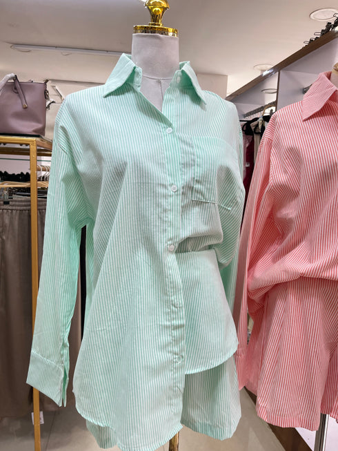 Casual Collar Down Stripes Shirts With Short Sets